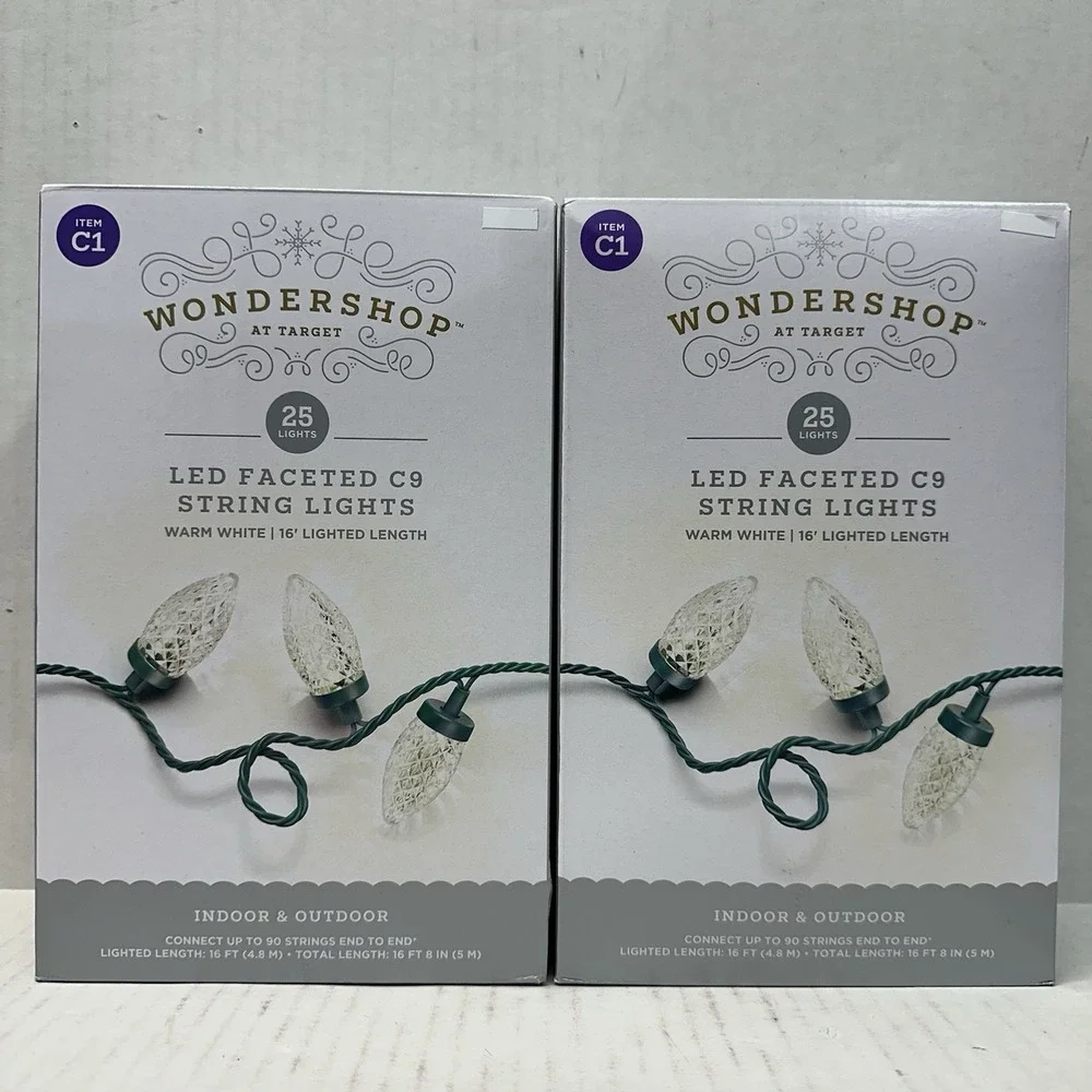 1‎ Lot of 2 Boxes Wondershop Item C1 25 Lights Per Box Warm White Faceted LED C9